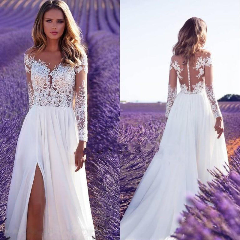 Women Clothing Extended Sleeve See Through Lace Wedding Dress Bridesmaid Dress Split Dress