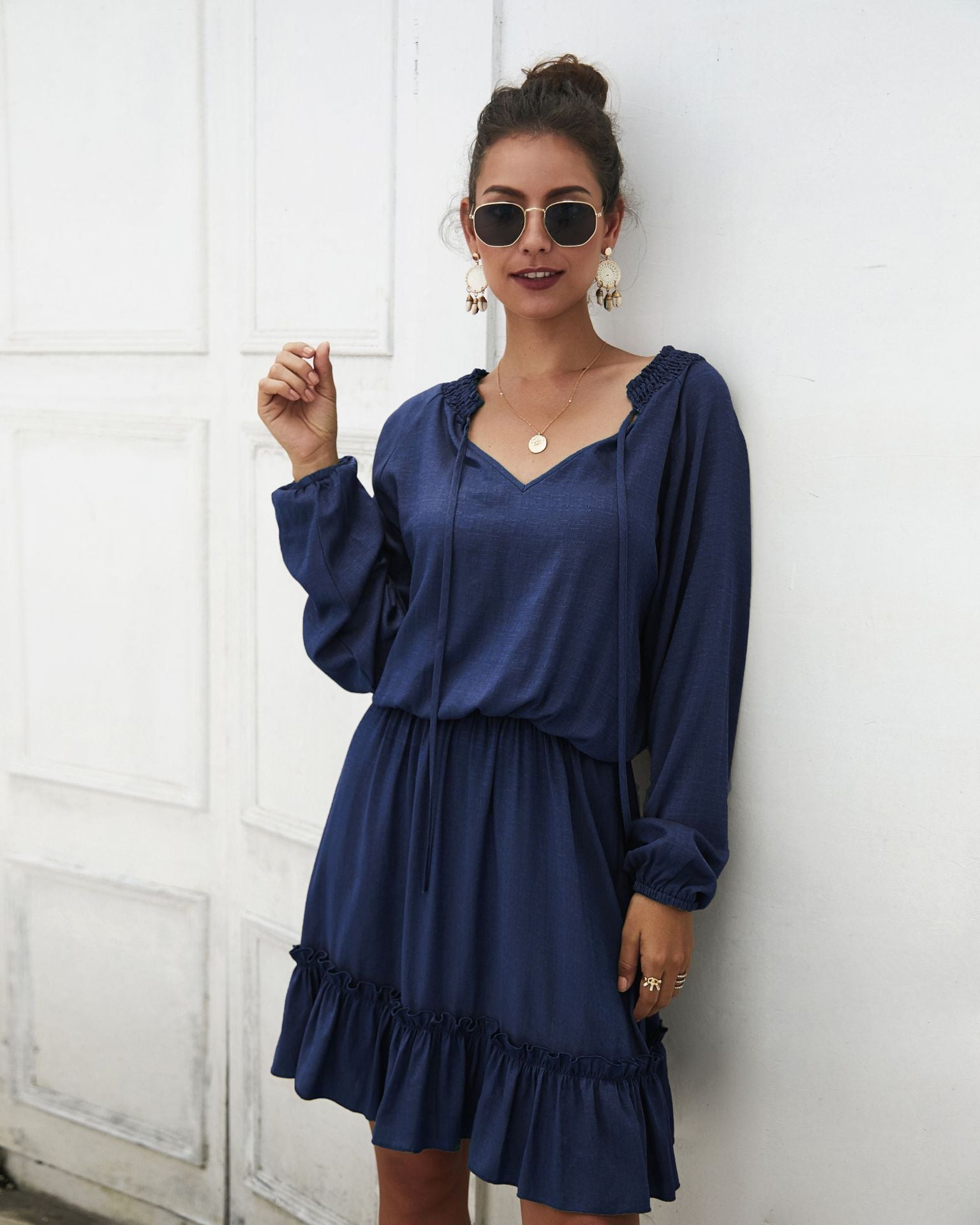 Textured Paros Satin Balloon Sleeve Dress Navy