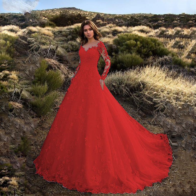 Women Clothing Dress Extended Sleeve Solid Color See through Lace Bridal Wedding Dress