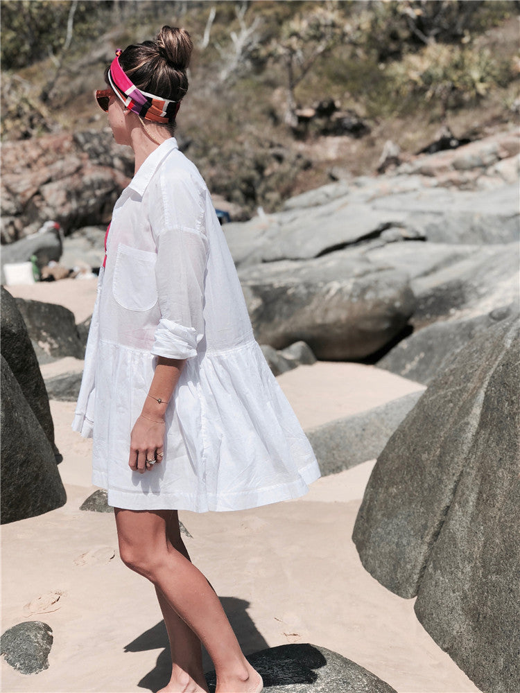 Cotton Dodie Pocketed Puff Sleeve Babydoll Dress White