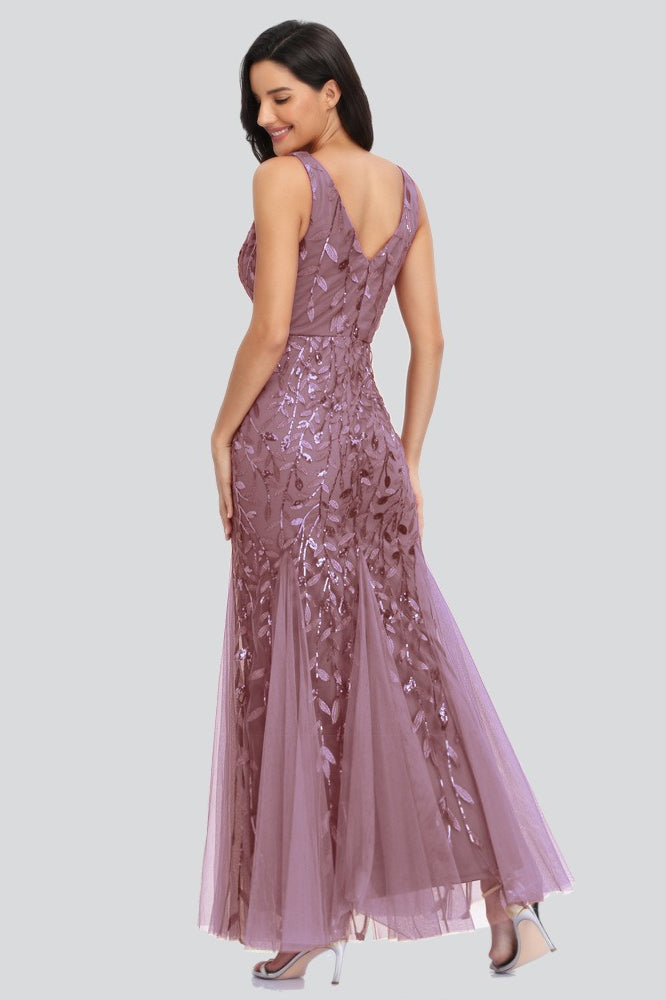 V Neck Sheer Embroidered Sequin Chic Prom Dress