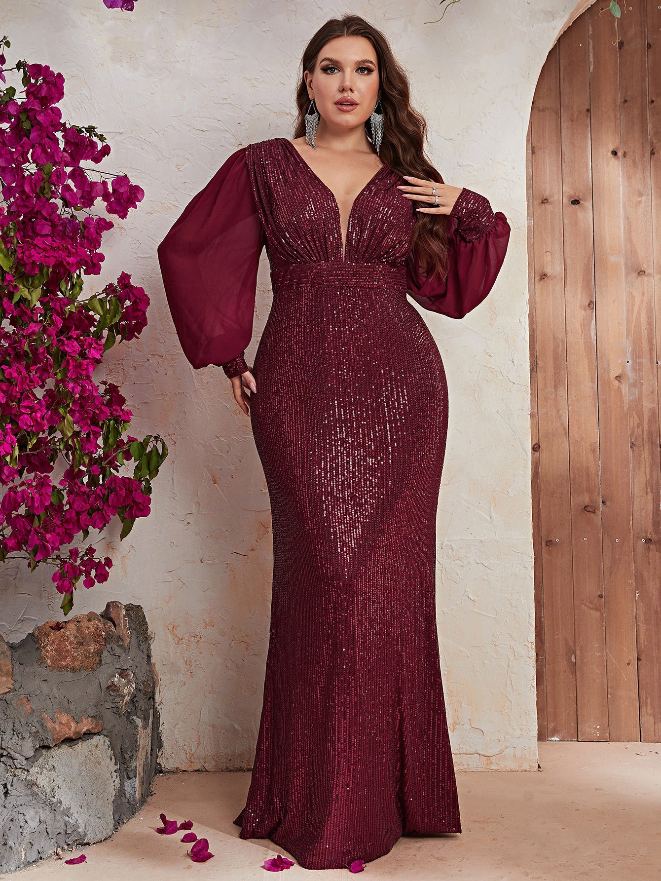 Plus Size Sequin Stylish Dress Sequin Long Sleeve V neck Prom Party Dress Fishtail Dress