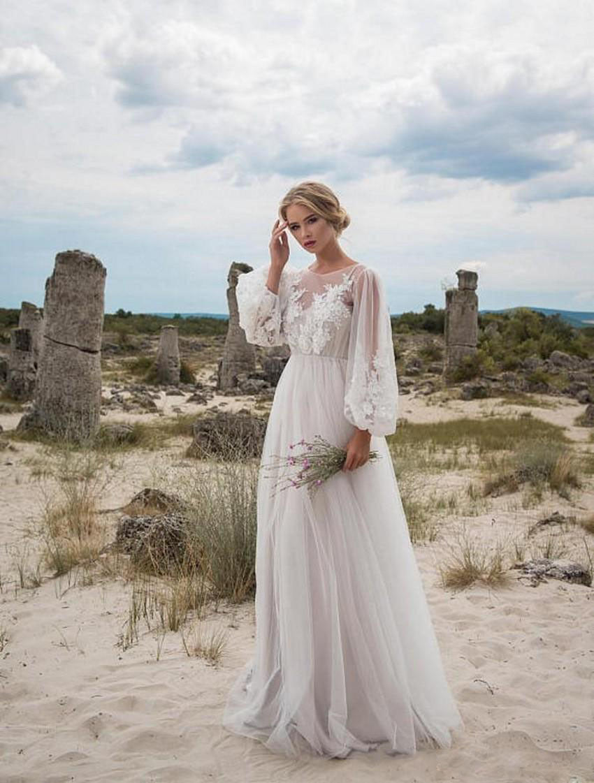 Women Round Neck Puff Sleeved Mesh Embroidery Dress Wedding Dress
