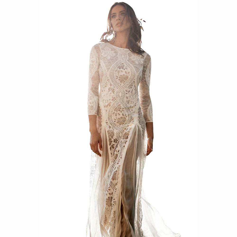 Spring Women Clothing Dress round Neck Extended Sleeve Hollow Out Cutout Backless Lace Ladies Cocktail Wedding Dress