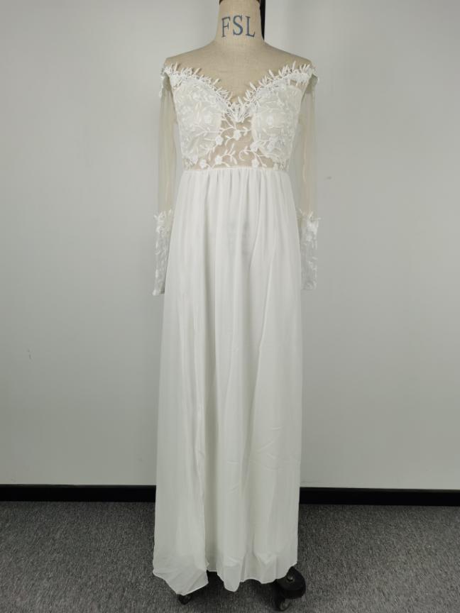 Women Clothing Extended Sleeve See Through Lace Wedding Dress Bridesmaid Dress Split Dress