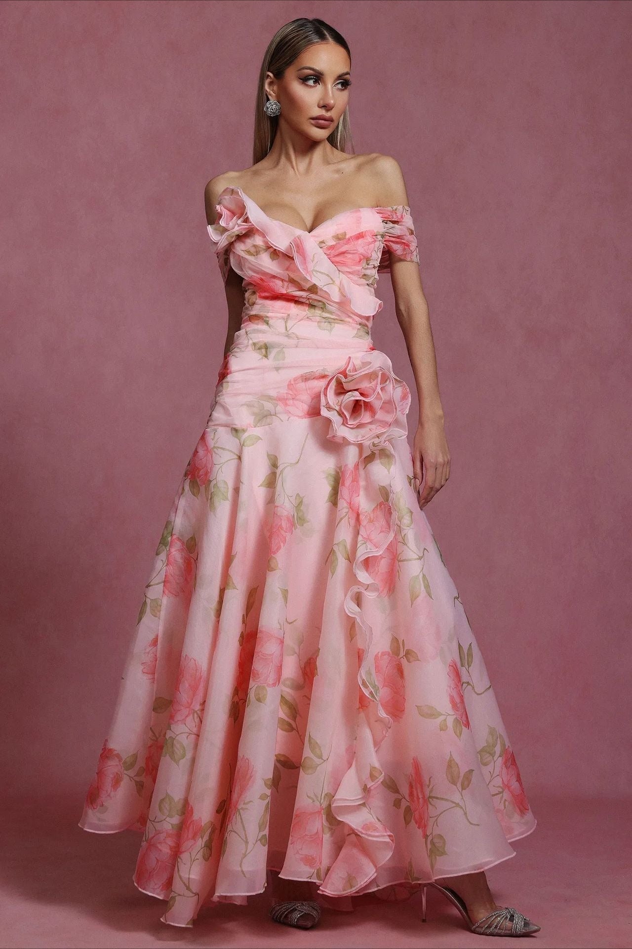V Neck 3D Detail Chic Maxi Floral Dress