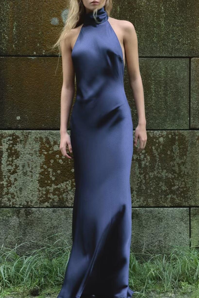 Women Clothing Autumn Winter Hanging Collar Silk Satin Texture Maxi Dress
