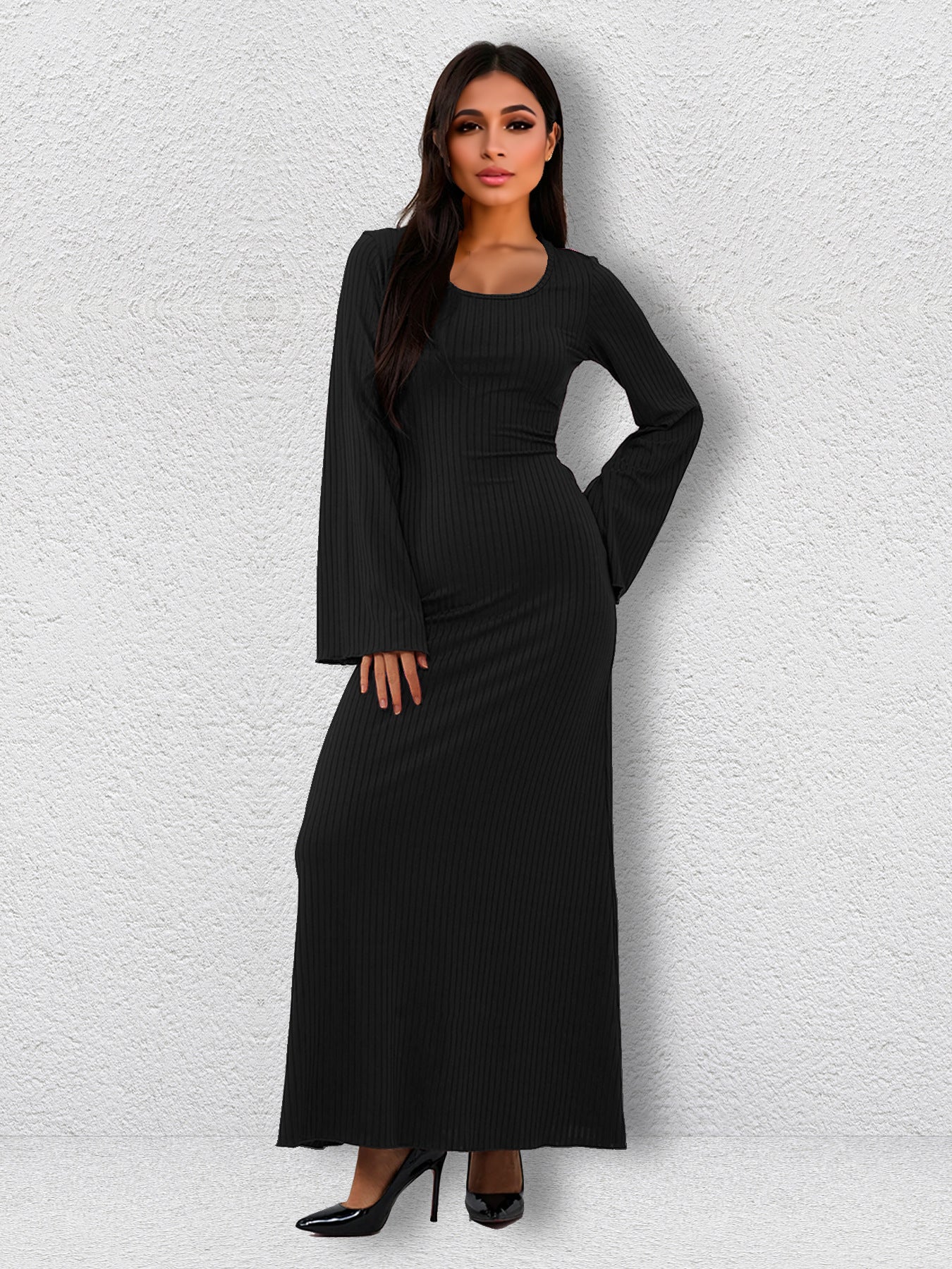 Big Bandage Pit Strip U Neck Long Sleeved Dress