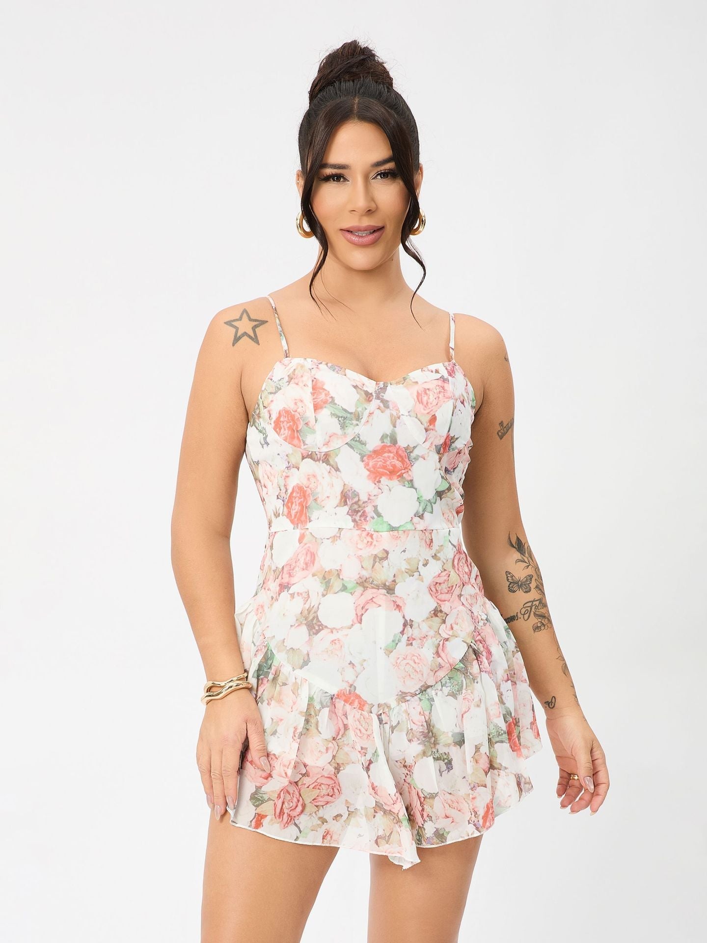 Flower Adjustable Shoulder Strap Ruffled Hem Mini Dress