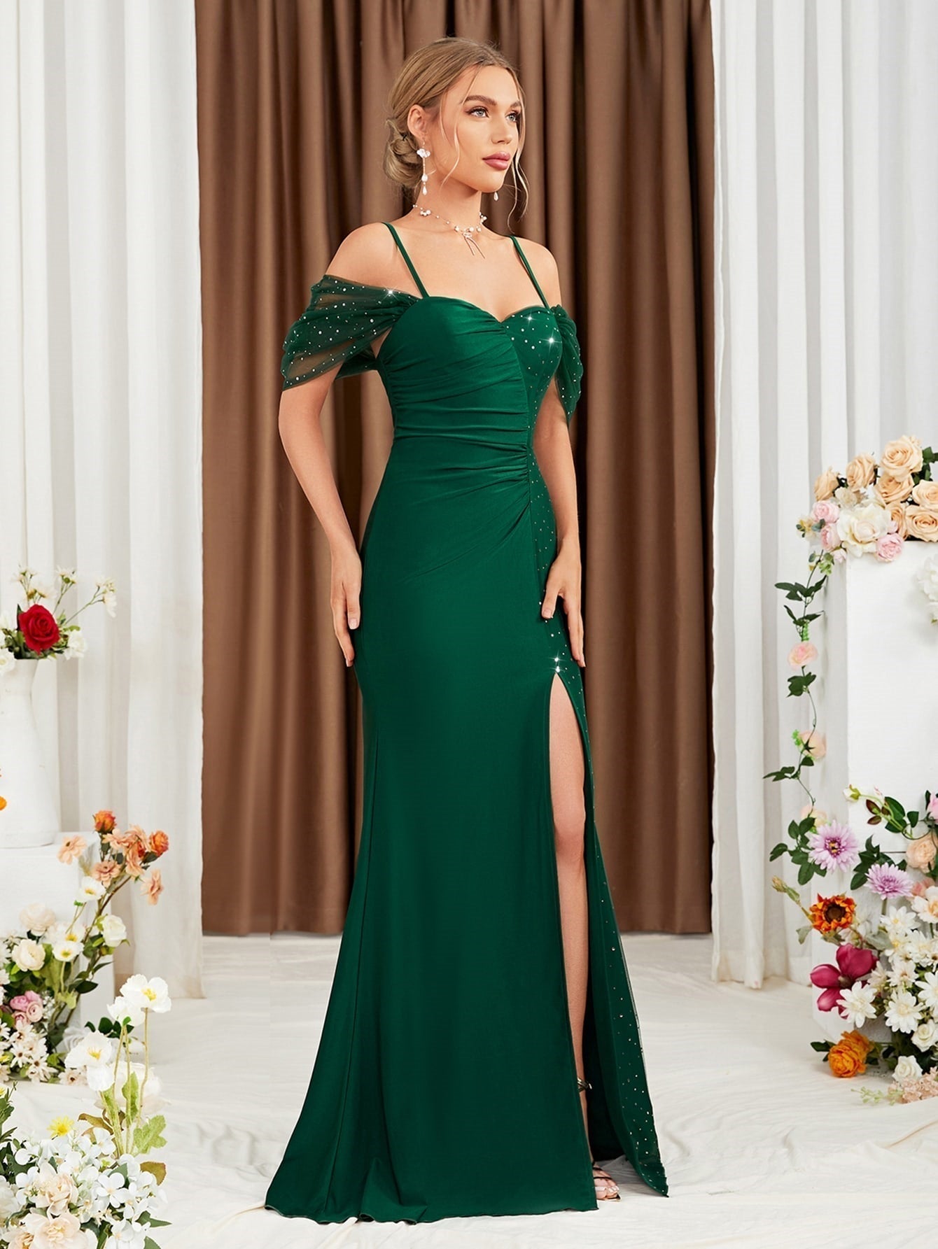 Off Shoulder Spaghetti Straps Evening Dress Slit Slim Fit Fishtail Gown Annual Meeting Performance Host Polished Dress