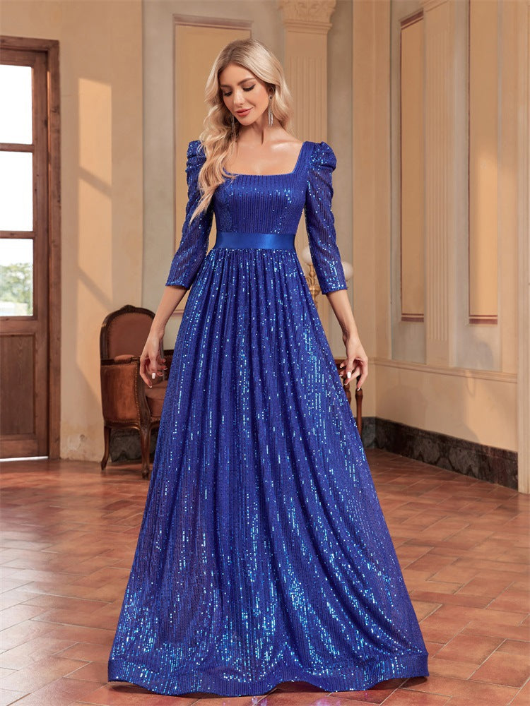 Sequin Blue Long Sleeved Evening Dress Slimming Sophisticated Cocktail Party Dress Bridesmaid