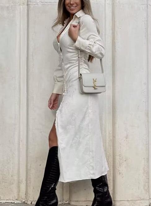 V Simple neck Jacquard Drawstring Dress