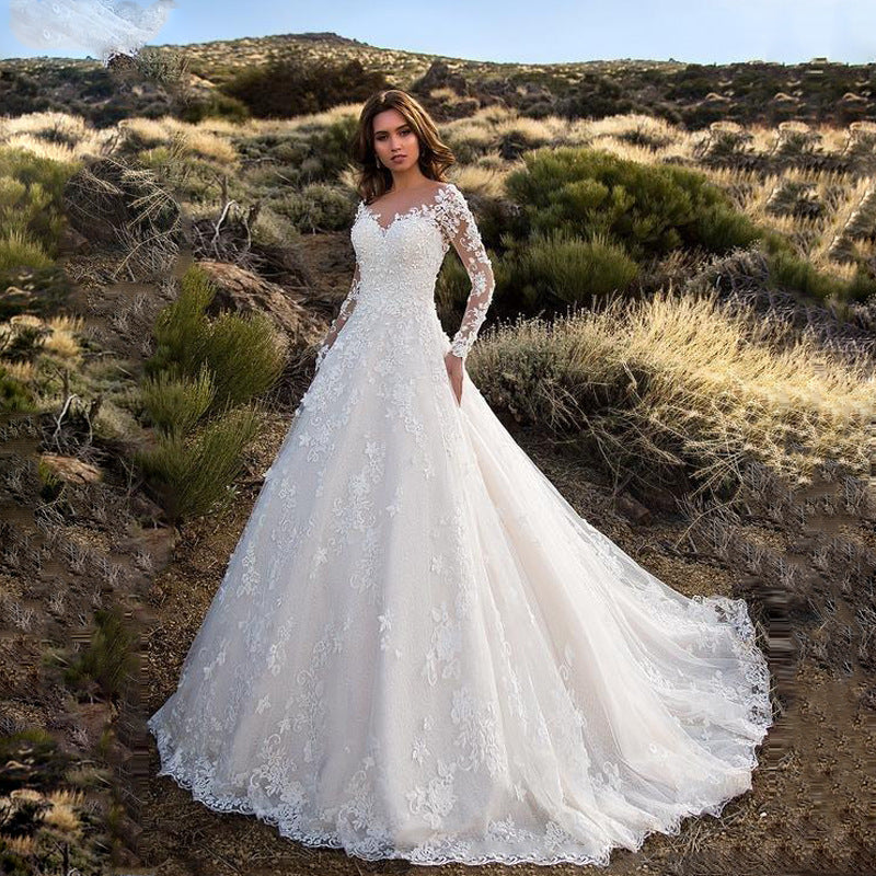 Women Clothing Dress Extended Sleeve Solid Color See through Lace Bridal Wedding Dress
