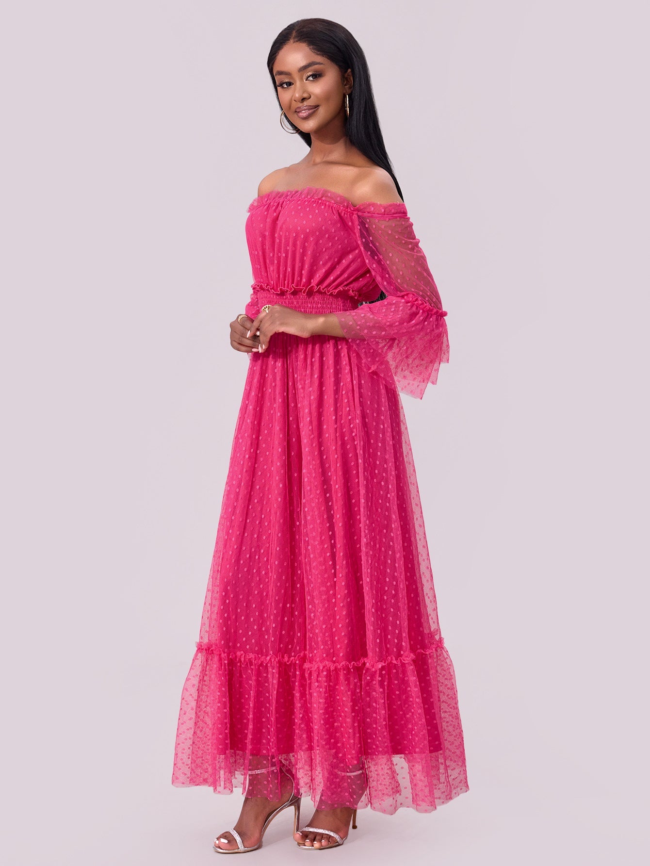 Women Clothing off Shoulder Mesh Extended Sleeve Wedding Dress Large Swing Dress