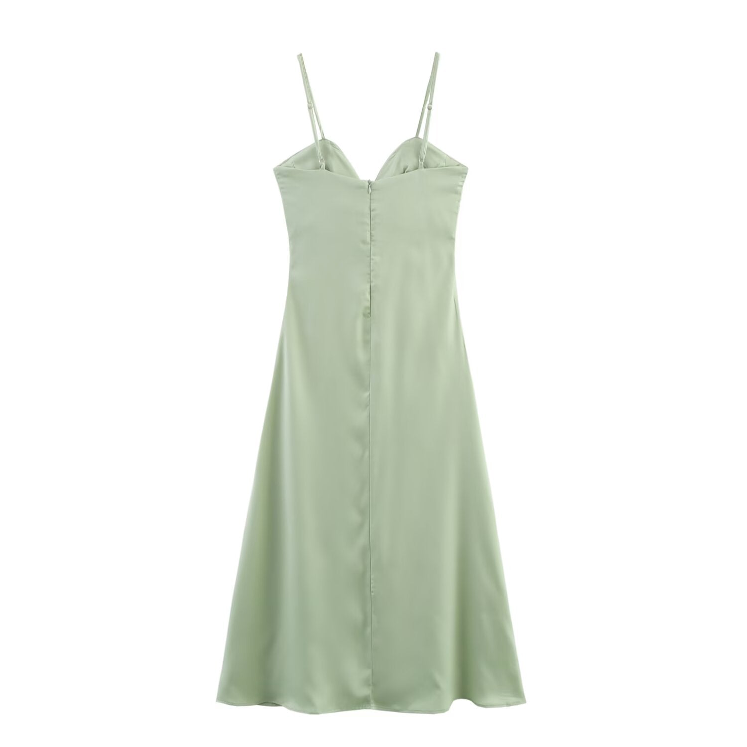 Clothing Women Spring Heart Shaped Collar Silk Satin Texture Midi Dress