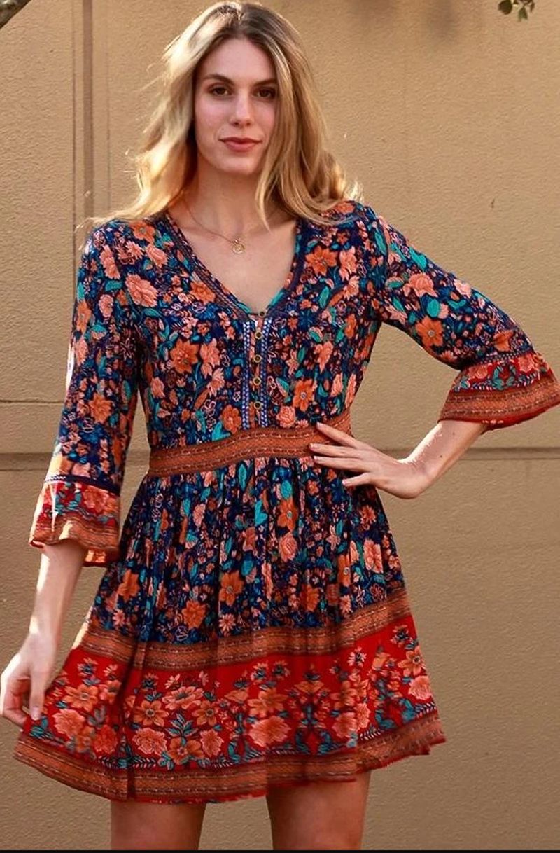 Printed Deshon Button Down Tassel Dress Orange