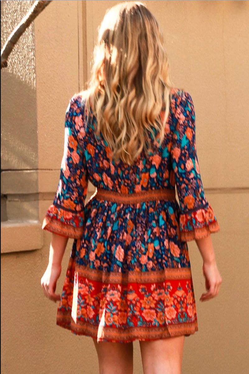 Printed Deshon Button Down Tassel Dress Orange