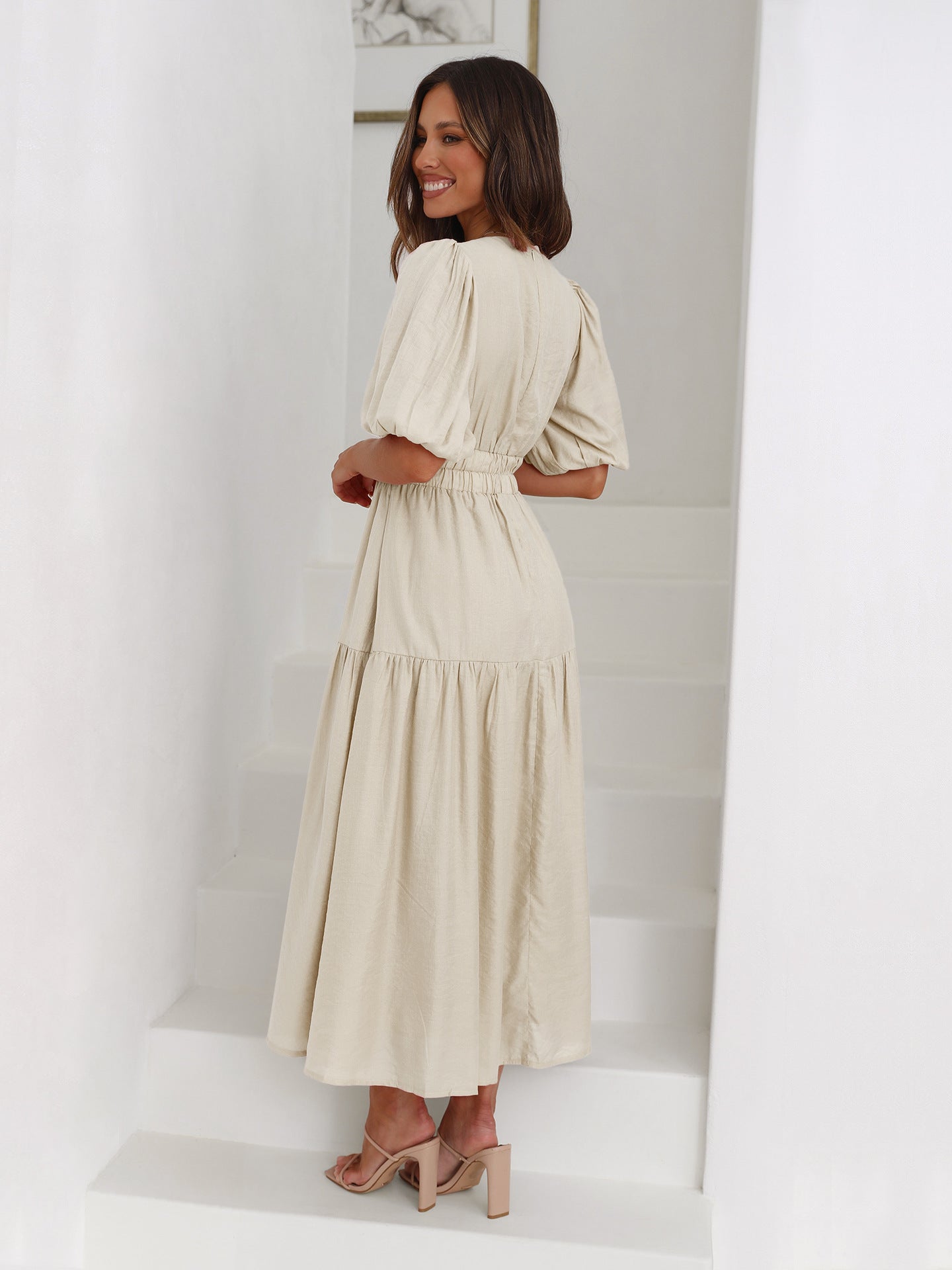 Exclusive Claudia Ruffle Midi Dress with V Neck and Puff Sleeves Premium Wardrobe Essential
