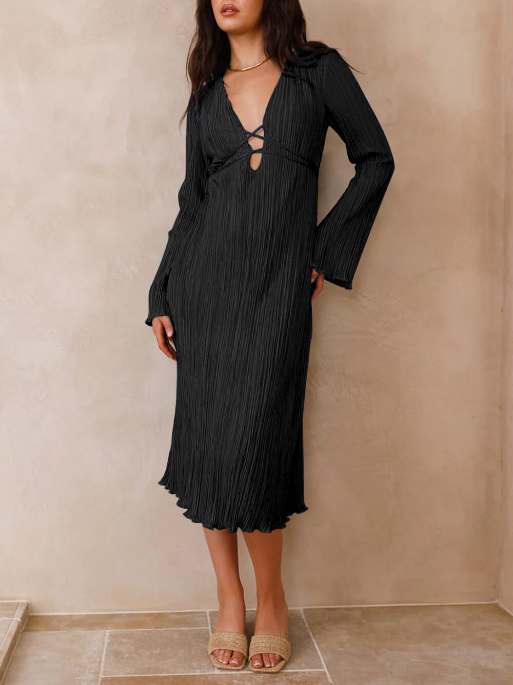 Vistas Mountain Draped Pleated Bell Sleeve Midi Dress