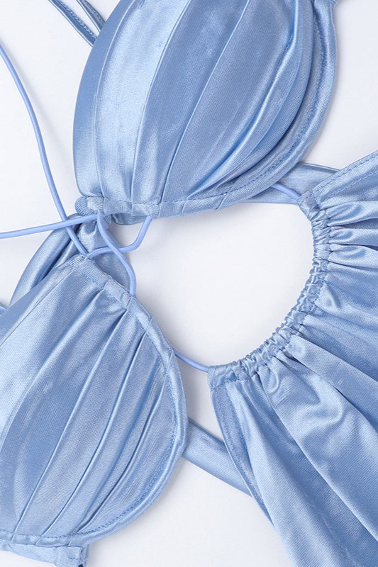Alluring Blue Satin Halter Maxi Vacation Dress
