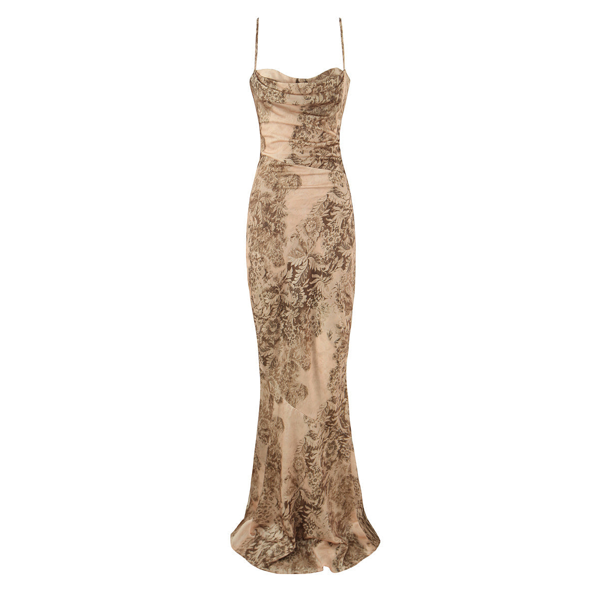 Women European French Graceful Golden Printing Satin Maxi Dress Dress Fishtail Dress
