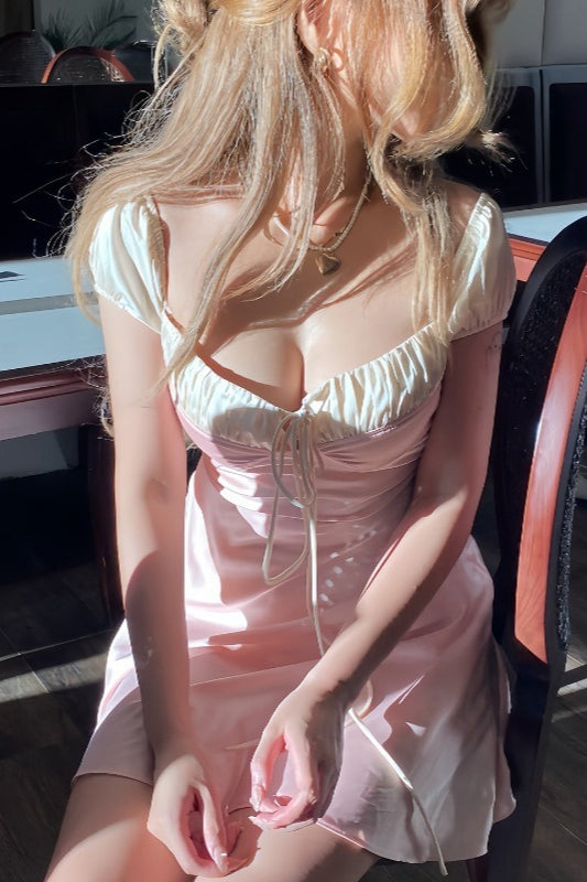 Neck Square Lace Up Puff Sleeve Corset Mini Dress