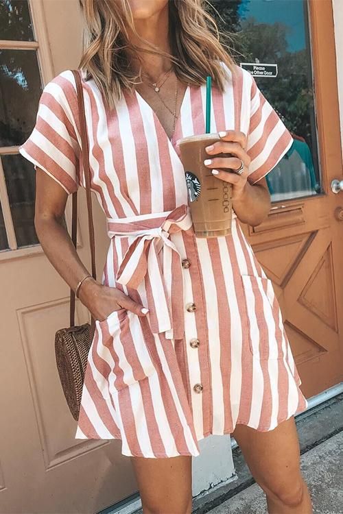 Cotton Rishi Pocketed Striped Shirt Dress Mocha