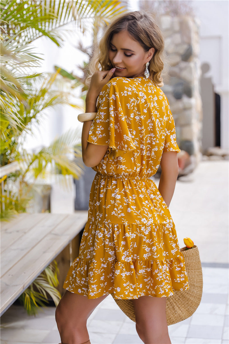 Silva Open Back Botanical Dress Yellow