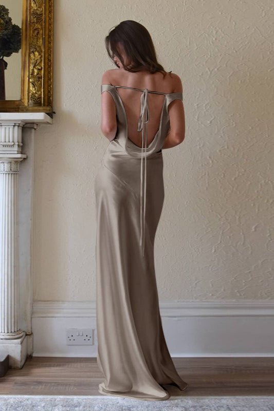 Satin Off Shoulder Backless Tie Waist Slim Fit Long Chic Prom Dress