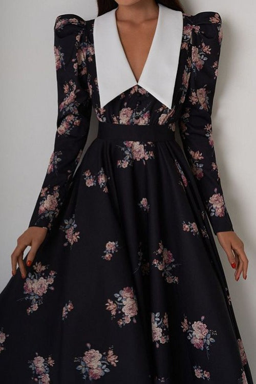Flared Classic Print Slim Waist Floral Maxi Dress