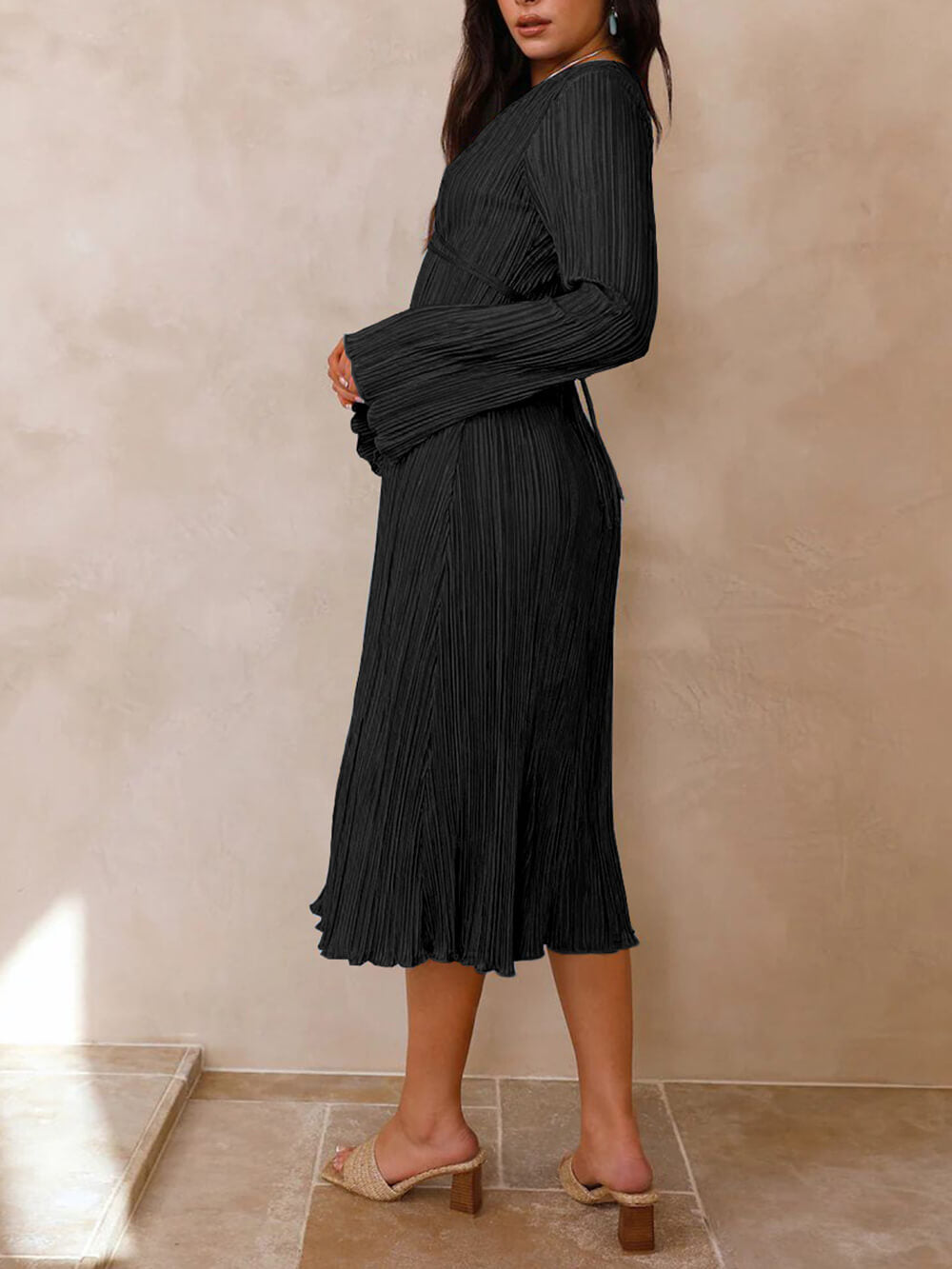 Vistas Mountain Draped Pleated Bell Sleeve Midi Dress