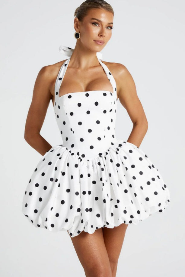 Refined Halter Tie Bow Puffy Hem Mini Dress