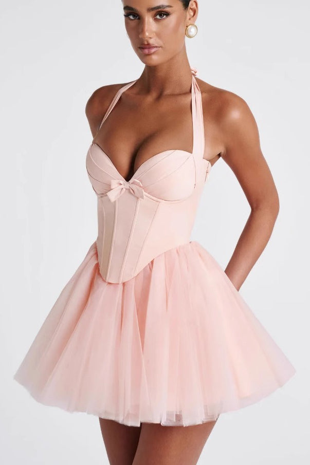 Halter Boned Lace Tie Waist Tulle Mini Dress