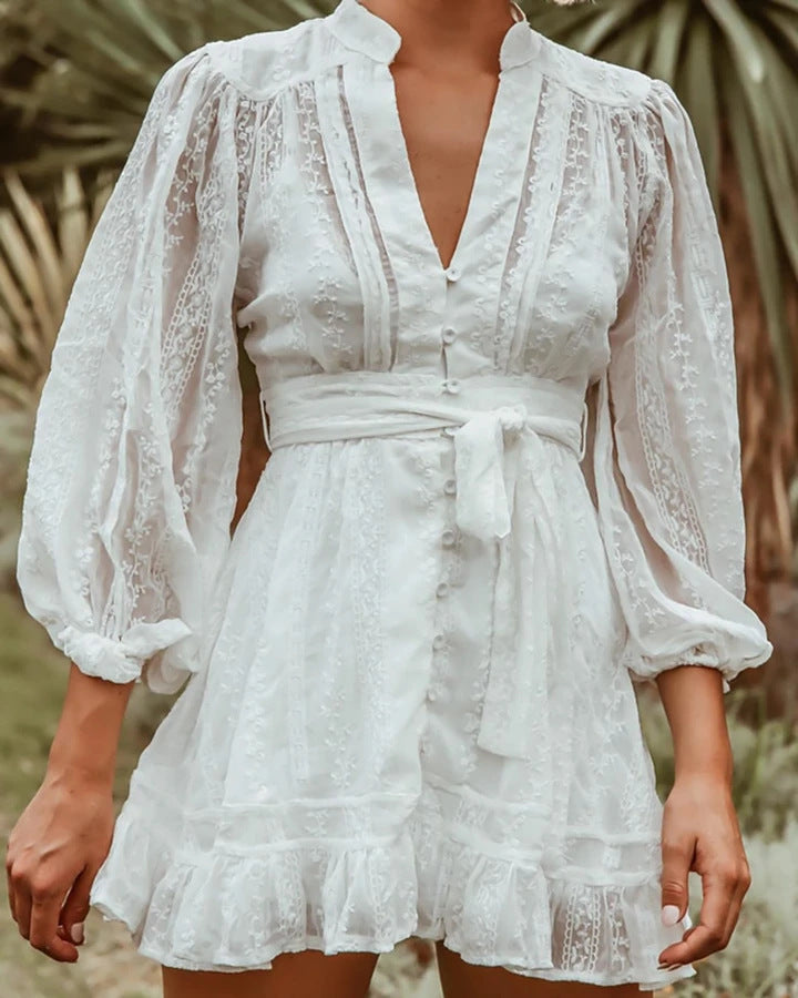 Button Trella Down Lace Babydoll Dress Cream