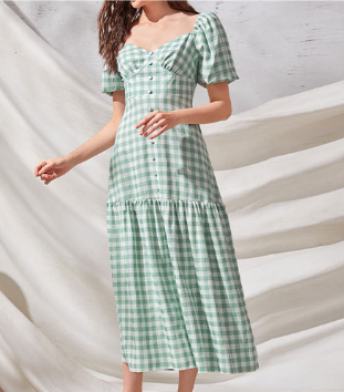Puff Rye Sleeve Gingham Midi Dress Hunter Green