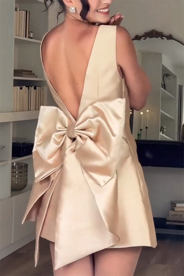 Premium Daisy Satin Mini Dress with Oversized Bow Detail and Square Neckline Wardrobe Essential