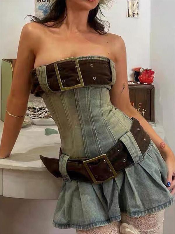 Denim Strapless Mini Dress with Belt