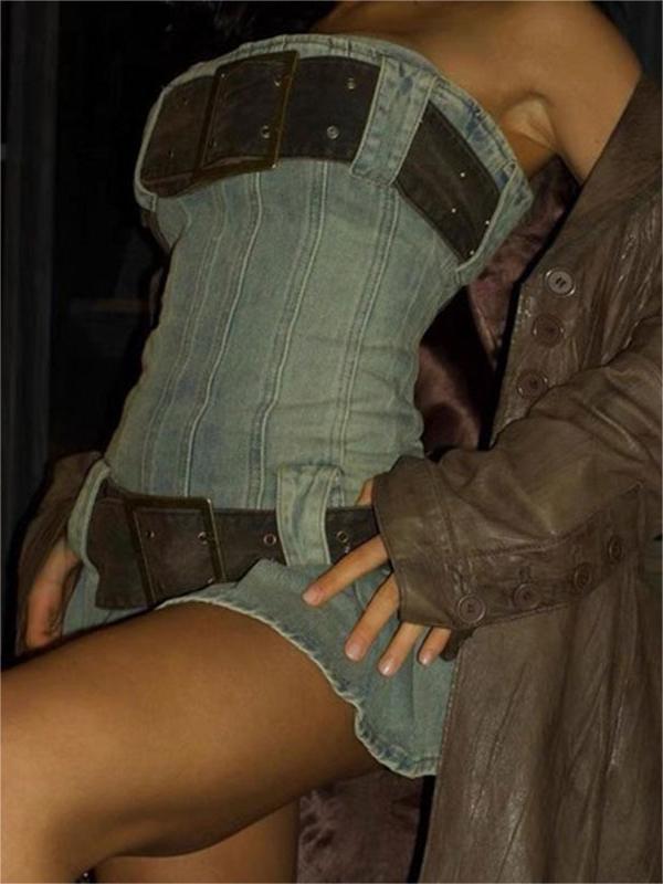Denim Strapless Mini Dress with Belt