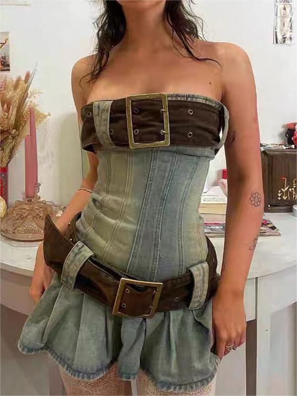 Denim Strapless Mini Dress with Belt