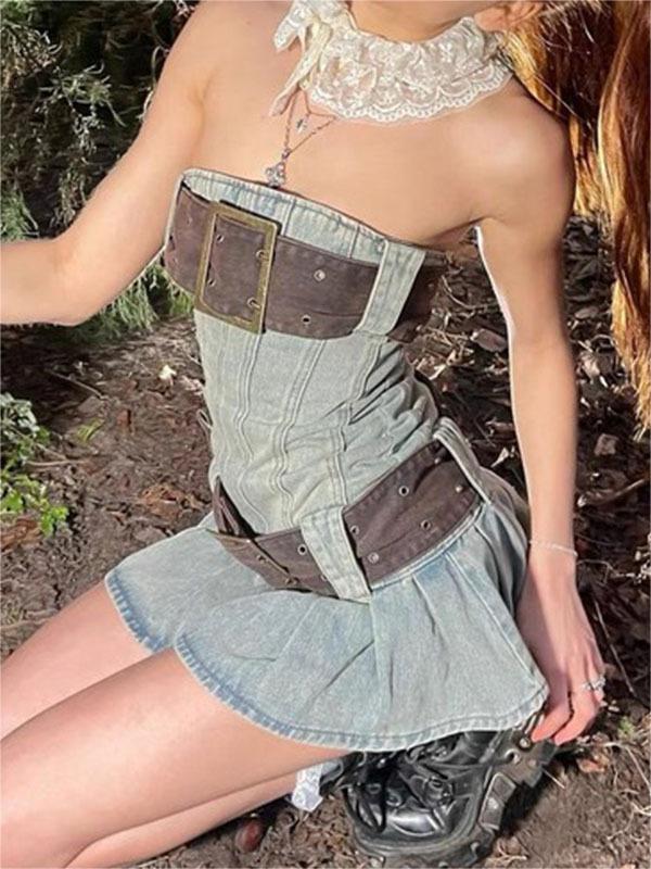 Denim Strapless Mini Dress with Belt