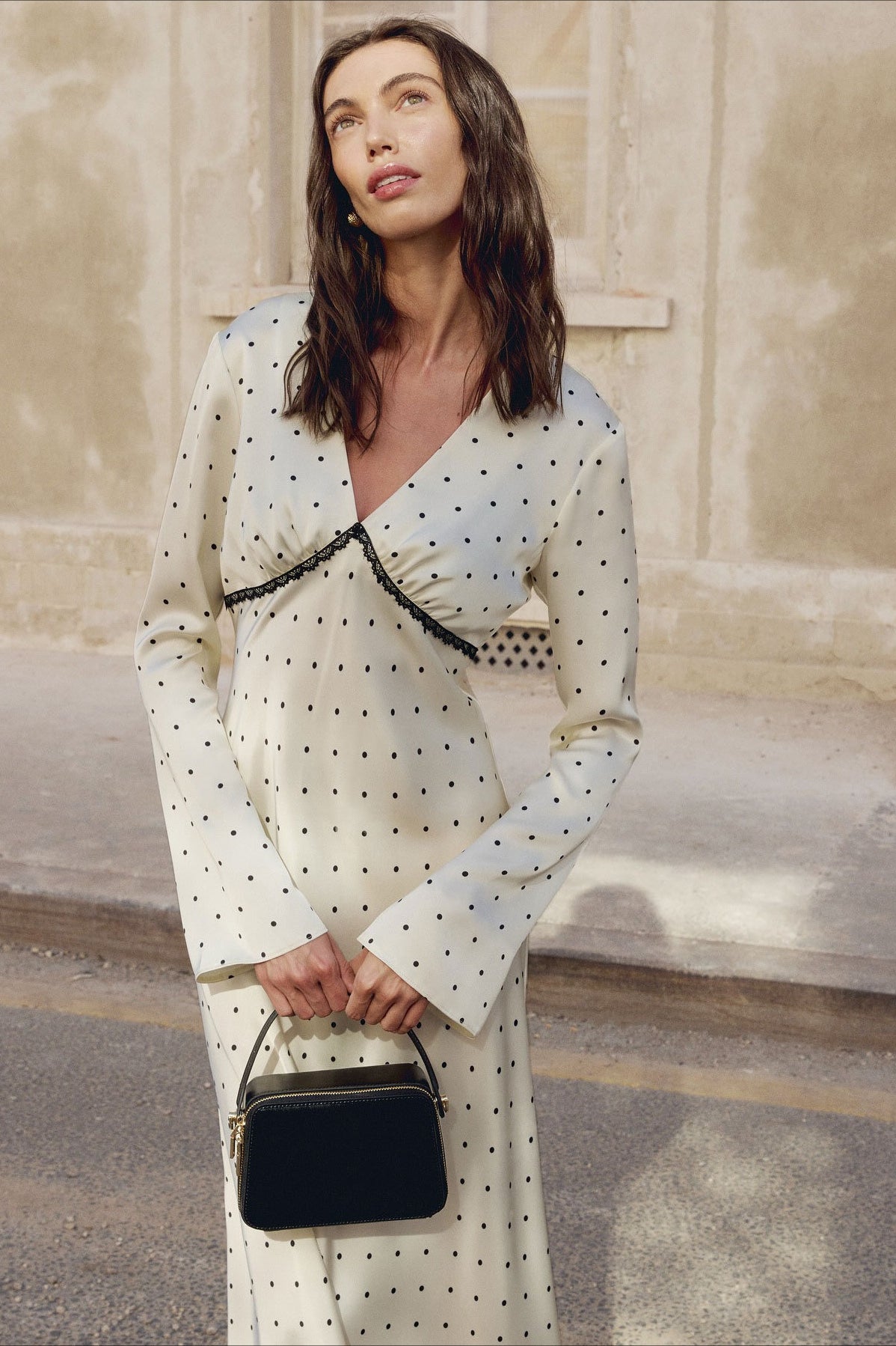 Polka Satin Dot V Neck A Line Midi Dress