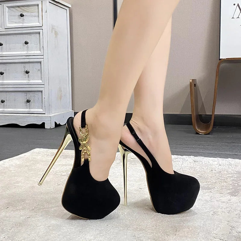 Stylish 16CM Thin High Heel Women���s Banquet Prom Waterproof Bow Metal Buckle High Heel