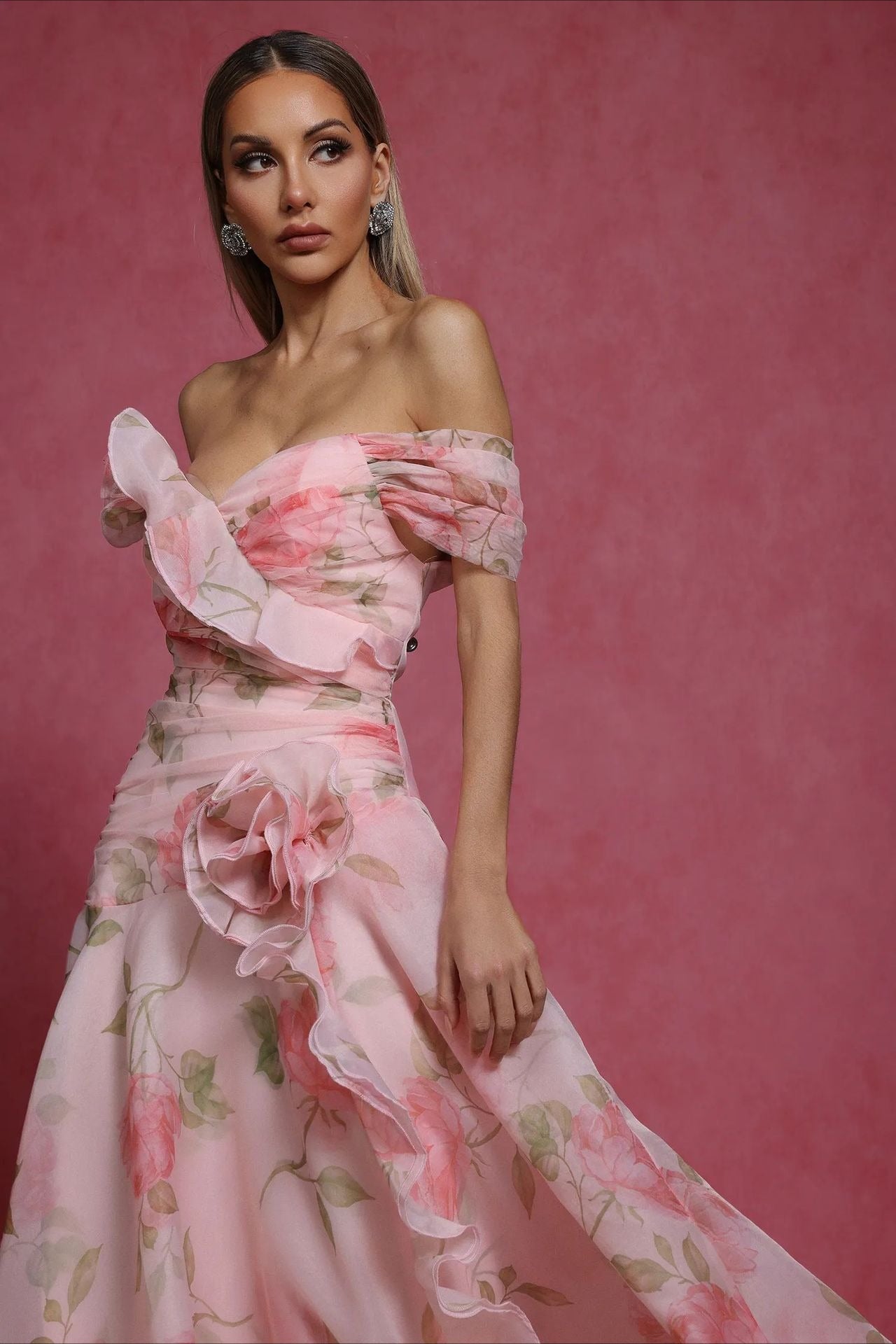 V Neck 3D Detail Chic Maxi Floral Dress
