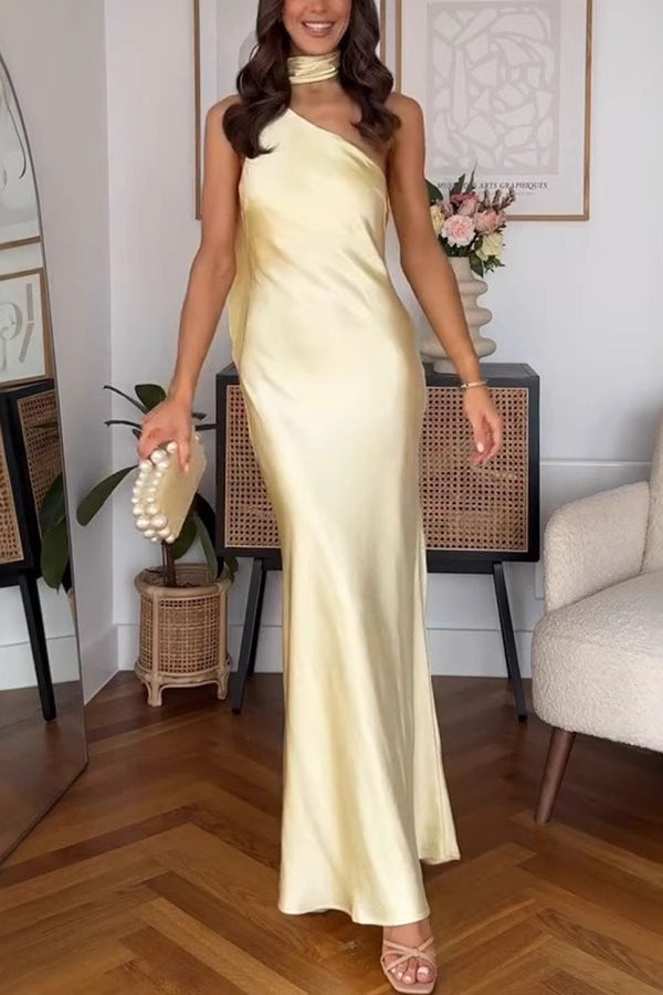 Solid Asymmetrical Shoulder Tie Waist Sleeveless Slim Fit Prom Dress
