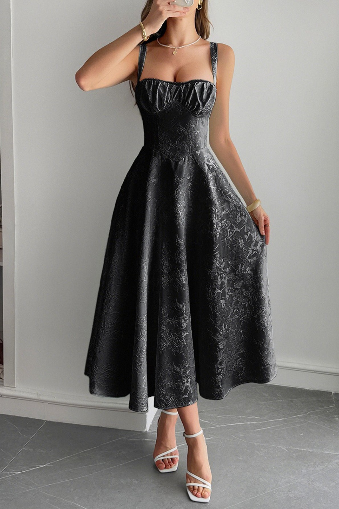 Refined Spaghetti Strap Jacquard Maxi Formal Dress