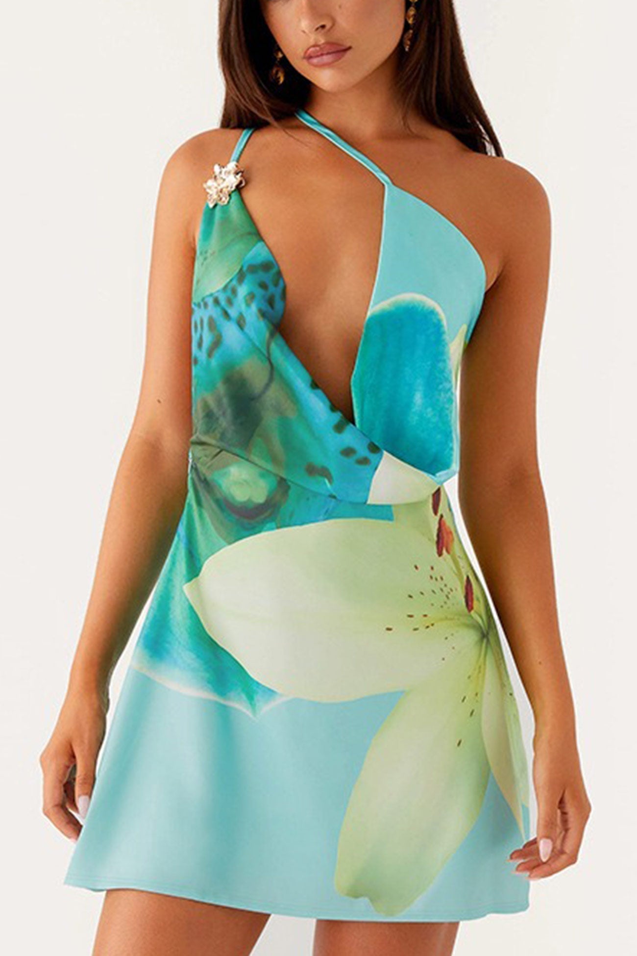 Flower Cowl Neck One shoulder Mini Dress