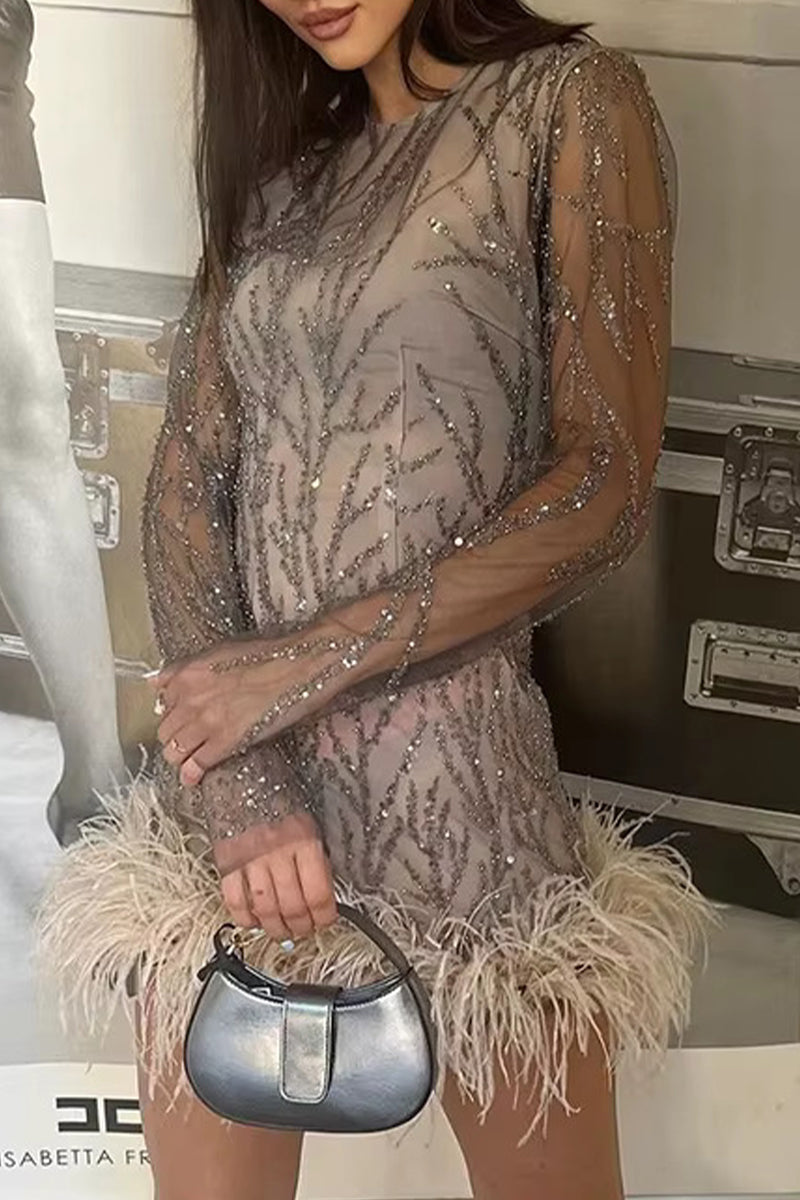 Elevated Elvira Mini Dresses with O Neck and Tinsel Feather Hem in Mesh Fabric Occasion Wear