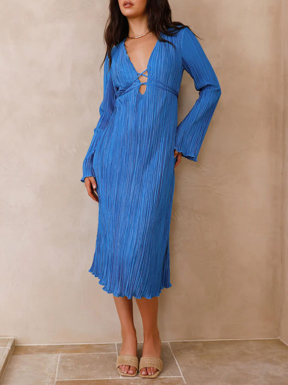 Vistas Mountain Draped Pleated Bell Sleeve Midi Dress