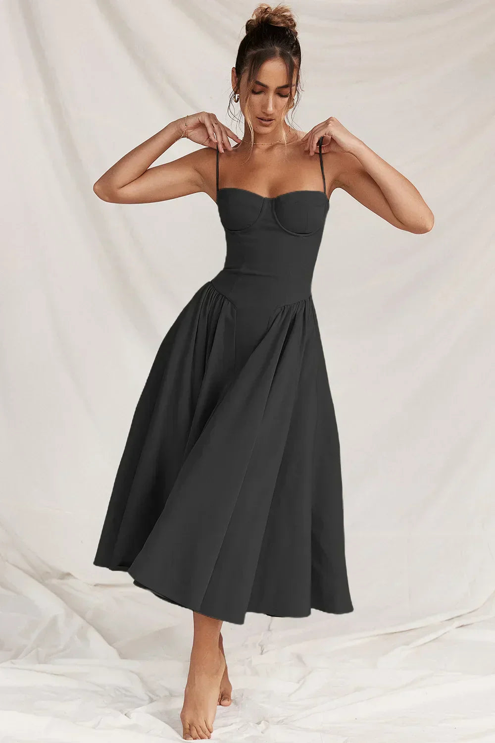 Milagros Premium Open-Shoulder Midi Dress with a Corset Fit Elevated Occasion Wear