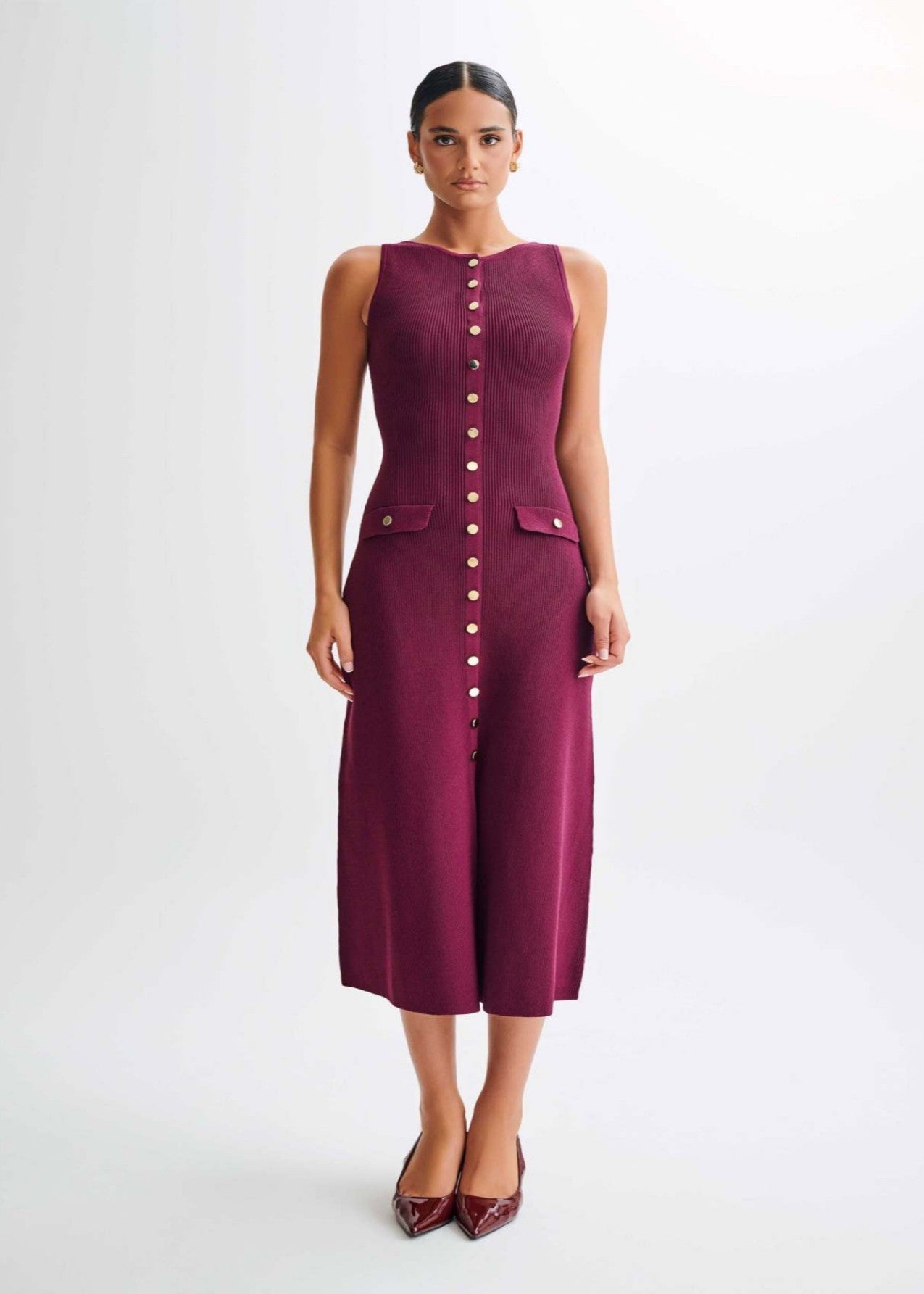 - Juliette Ribbed Knit Button Midi Dress
